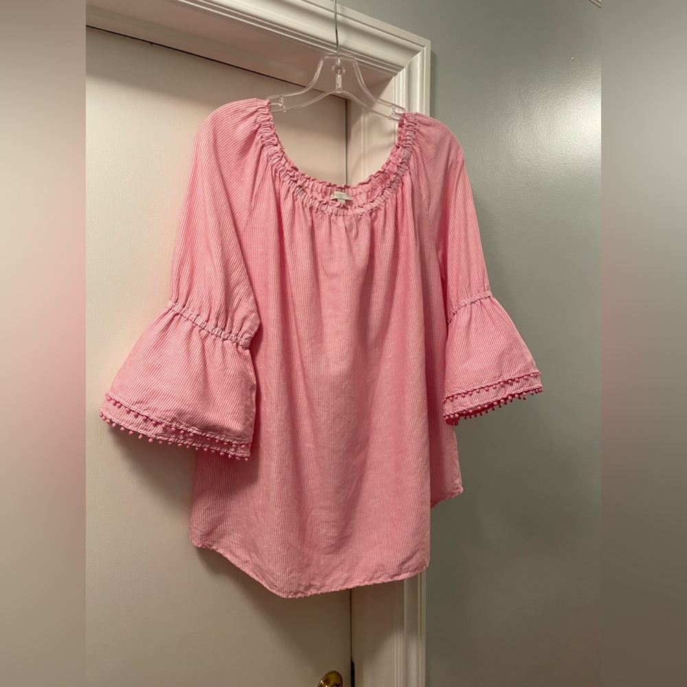 Talbots Woman Blouse Bell Sleeved Striped Pink/White 1X